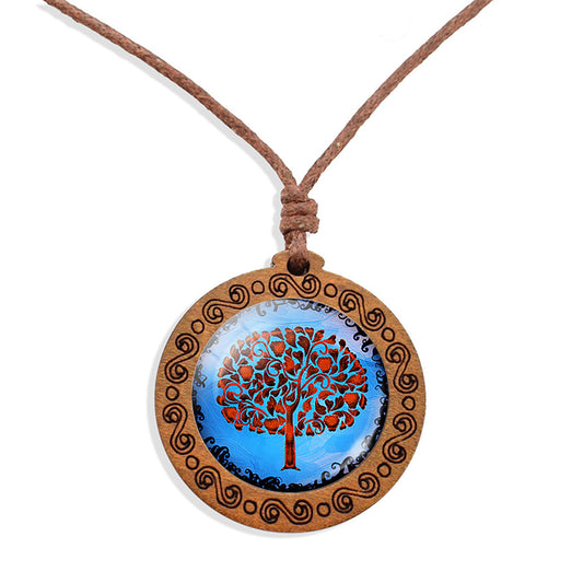 Red Tree Of Life Ethnic Spiritual Wooden Pendant Encased Glass Dome Bohemian Unisex Necklace Adjustable 45-86cm