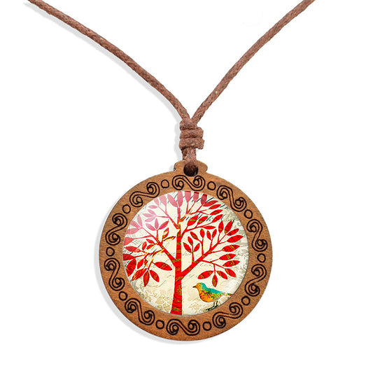 Songbird Tree Of Life Ethnic Spiritual Wooden Pendant Encased Glass Dome Bohemian Unisex Necklace Adjustable 45-86cm