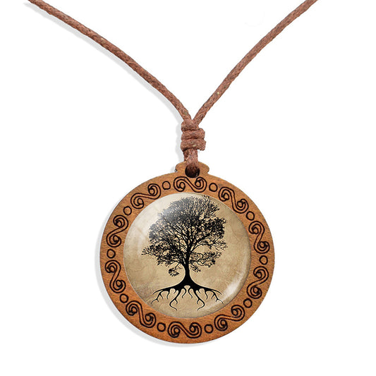 Tree Of Life Roots Ethnic Spiritual Wooden Pendant Encased Glass Dome Bohemian Unisex Necklace Adjustable 45-86cm