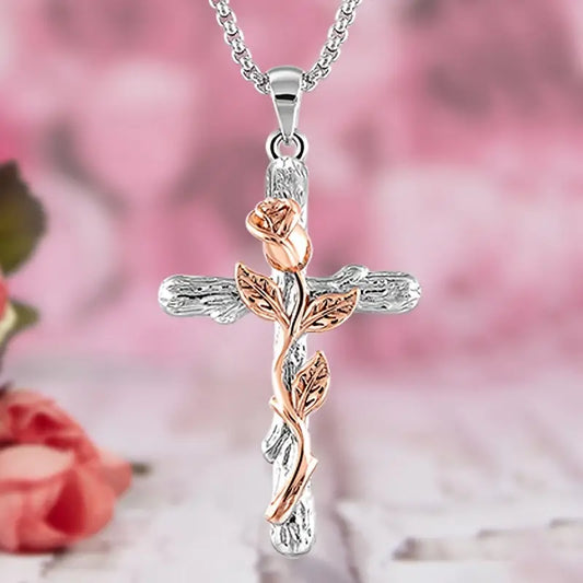 Floral Rose Cross Pendant Adjustable Necklace in Rose Gold & Silver