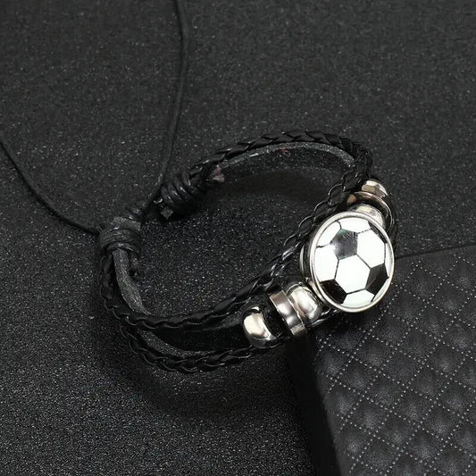 Unisex PU Leather Football Glass Cabochon Charm Wristband Bracelet Weave Bangle