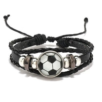 Unisex PU Leather Football Glass Cabochon Charm Wristband Bracelet Weave Bangle