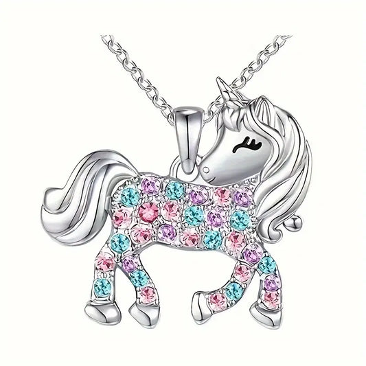 Gorgeous Unicorn Sparkling Rhinestones Hanging Pendant Necklace V2