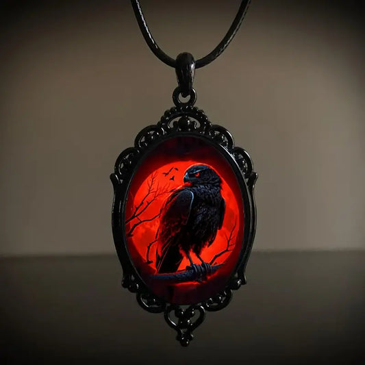 Gothic Crow Red Moon Necklace Witch Black Oval Forest Glass Pendant