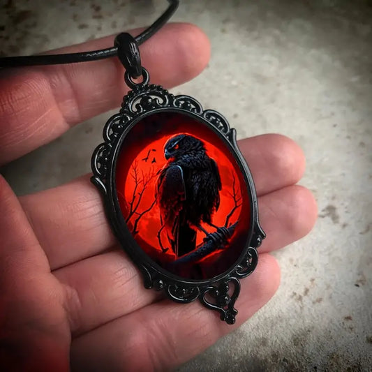 Gothic Crow Red Moon Necklace Witch Black Oval Forest Glass Pendant