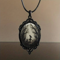 Gothic Raven Cross Necklace Witch Black Oval Forest Glass Pendant