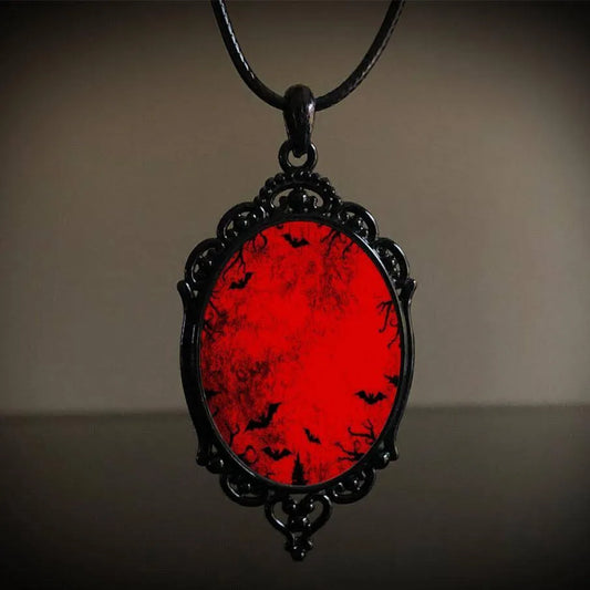 Gothic Vampire Bats Cross Necklace Witch Red Oval Glass Pendant