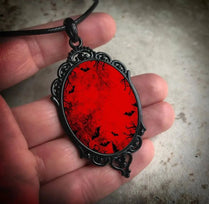 Gothic Vampire Bats Cross Necklace Witch Red Oval Glass Pendant