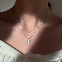 925 Silver Zircon Grace Butterfly Pendant Necklace Double-Layer Clavicle Chain