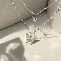 925 Silver Zircon Grace Butterfly Pendant Necklace Double-Layer Clavicle Chain