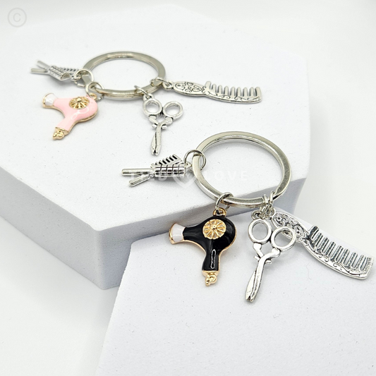 Hair Dryer, Comb & Scissors Keychain Hair Dresser Barber Charms Keyring