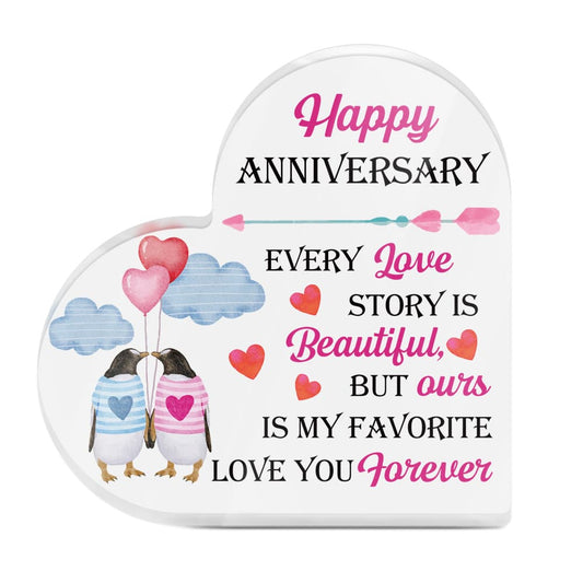 Happy Anniversary Penguin Design Heart-Shaped Block Acrylic Plaque Gift Free-Standing Sign Keepsake For Girlfriend Boyfriend Wife Husband Partner Couples For Birthday Valentine's Day Anniversary