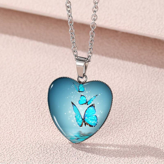 Butterfly Pattern Drop Necklace With Heart Shaped Glass Pendant