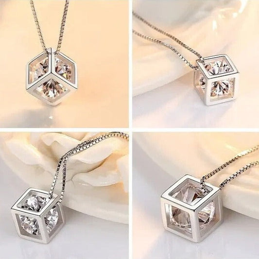 Hollow Cubic Shape Elegant Vintage Cube Pendant Necklace with Zircon Mosaic