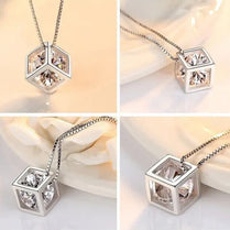 Hollow Cubic Shape Elegant Vintage Cube Pendant Necklace with Zircon Mosaic