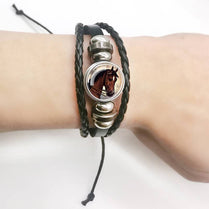 Unisex PU Leather Horse Glass Cabochon Charm Wristband Bracelet Weave Bangle