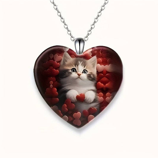 Cute Cat Pattern Double-Sided Heart-Shaped Artificial Crystal Pendant Necklace