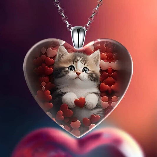 Cute Cat Pattern Double-Sided Heart-Shaped Artificial Crystal Pendant Necklace