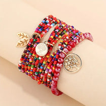 Leaf Pendant Tree of Life Beaded Bracelet Set Boho Style Multi Layers