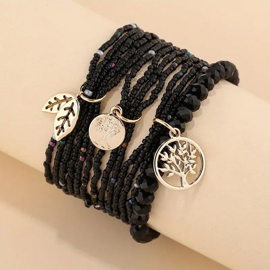 Leaf Pendant Tree of Life Beaded Bracelet Set Boho Style Multi Layers