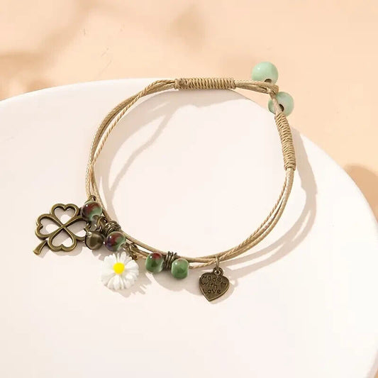 Lovely Layered Clover Heart & Daisy Pendant Weave Bracelet