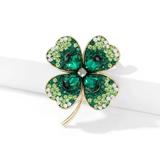 Lucky Clover Leaf Irish Brooch Green Shamrock Four Leaf Clover For Women Crystal Pin St. Patrick's Day Blouse Dress Coat Scarf Brooch Gift For Mum Grandma Aunt 3.5 x 4cm