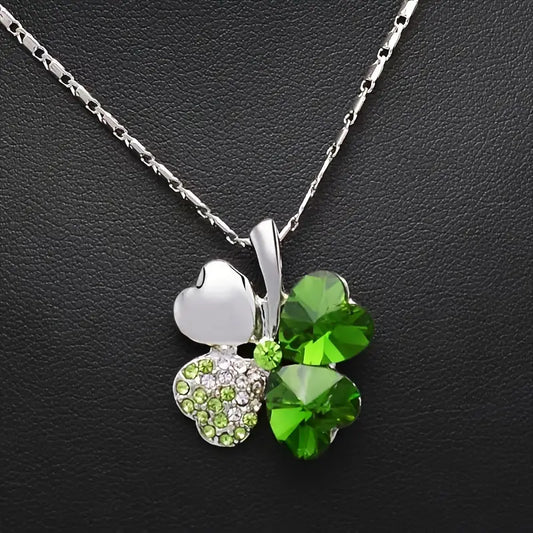 Lucky Crystal Rhinestone Four Leaf Clover Pendant Necklace Irish Shamrock