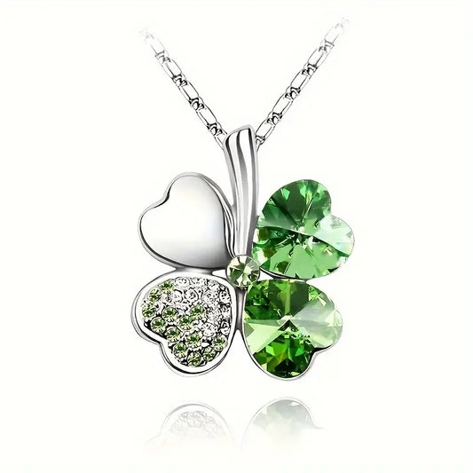 Lucky Crystal Rhinestone Four Leaf Clover Pendant Necklace Irish Shamrock