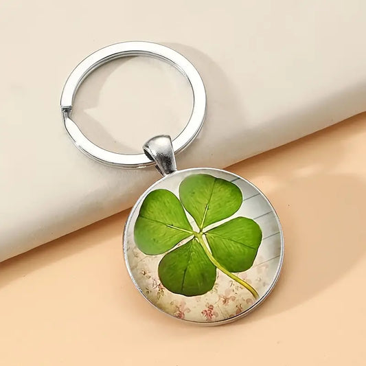 Lucky Crystal Round Four Leaf Clover Keychain Irish Shamrock Keyring