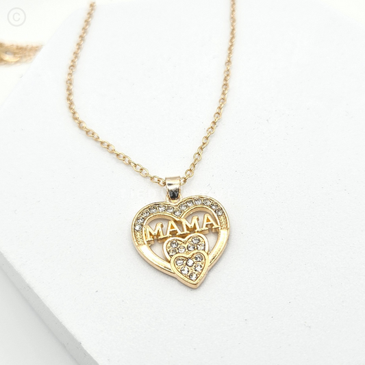 Gold Elegant Mama Mother's Mums Rhinestone Heart-Shaped Pendant Necklace