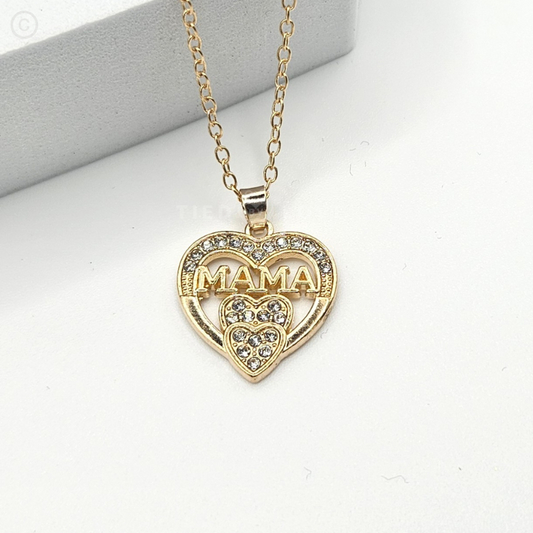 Gold Elegant Mama Mother's Mums Rhinestone Heart-Shaped Pendant Necklace