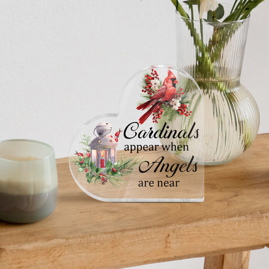 Cardinals Appear When Angels Are Near Memorial Heart-Shaped Block Acrylic Plaque Gift Free-Standing Sign Keepsake Gifts For Loss Of Loved One Bereavement Sympathy Remembrance