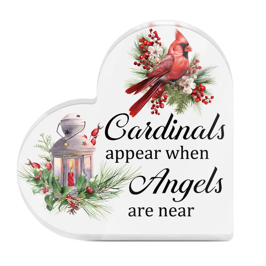 Cardinals Appear When Angels Are Near Memorial Heart-Shaped Block Acrylic Plaque Gift Free-Standing Sign Keepsake Gifts For Loss Of Loved One Bereavement Sympathy Remembrance
