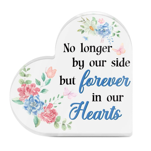 No Longer By Our Side Memorial Heart-Shaped Block Acrylic Plaque Gift Free-Standing Sign Keepsake Gifts For Loss Of Loved One Bereavement Sympathy Remembrance