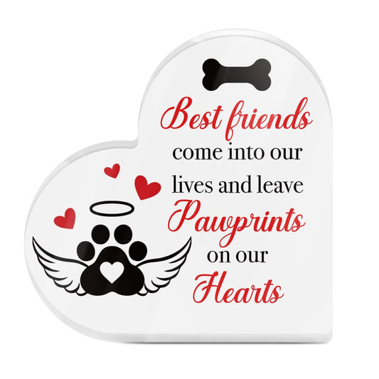 Pawprints On Your Heart Memorial Pet Dog Heart-Shaped Block Acrylic Plaque Gift Free-Standing Sign Keepsake For Loss of Pet Bereavement Sympathy Remembrance In Memory of Dog Passed Away