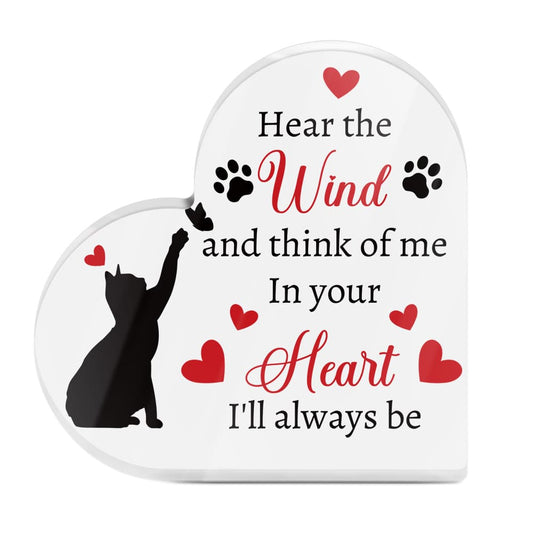 In Your Heart I'll Always Be Memorial Pet Cat Heart-Shaped Block Acrylic Plaque Gift Free-Standing Sign Keepsake For Loss of Pet Bereavement Sympathy Remembrance In Memory of Cat Passed Away