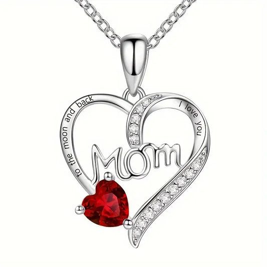 Mom Mothers Heart-Shaped Rhinestone Crystal I Love You Pendant Necklace