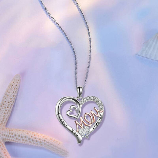 Rose Pink Mom Mothers Heart-Shaped Crystal I Love You Pendant Necklace