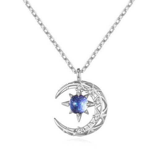 Moon & Star Shape Pendant Necklace Inlaid Shiny Rhinestones Elegant Neck Pendant