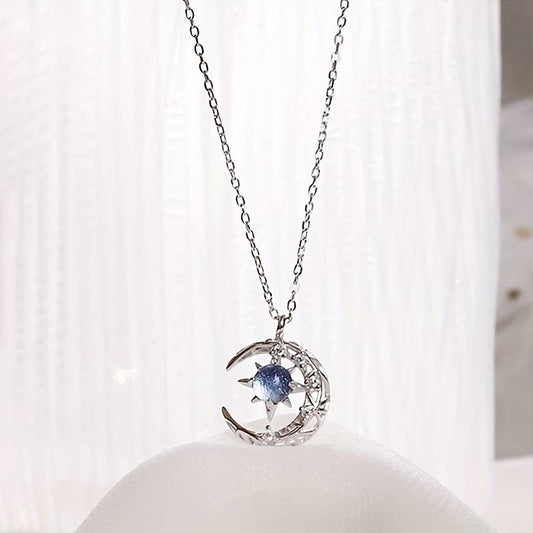 Moon & Star Shape Pendant Necklace Inlaid Shiny Rhinestones Elegant Neck Pendant