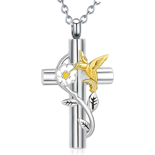 Hummingbird Cross Ashes Necklace Memorial Pendant Ashes Locket Cremation Urn Keepsake in Stainless Steel Gift For Loss Of Loved One Bereavement Sympathy Remembrance