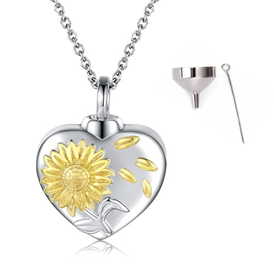 Sunflower Petals Heart Ashes Necklace Memorial Pendant Ashes Locket Cremation Urn Keepsake in Stainless Steel Gift For Loss Of Loved One Bereavement Sympathy Remembrance