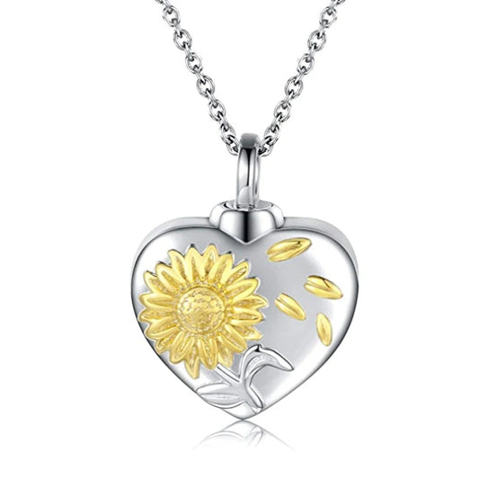 Sunflower Petals Heart Ashes Necklace Memorial Pendant Ashes Locket Cremation Urn Keepsake in Stainless Steel Gift For Loss Of Loved One Bereavement Sympathy Remembrance