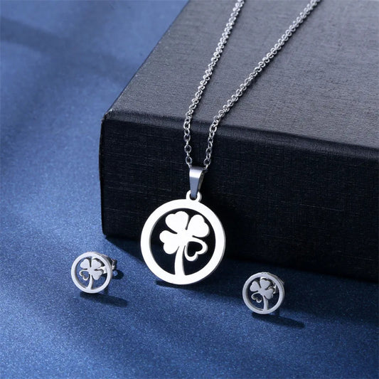 Four Leaf Clover Necklace Pendant & Earrings Set in Stainless Steel Gift For Sister Friend Mother Daughter Niece For Birthday Special Occasion