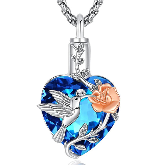 Hummingbird Heart Crystal Ashes Necklace Memorial Pendant Ashes Locket Cremation Urn Keepsake in Stainless Steel Gift For Loss Of Loved One Bereavement Sympathy Remembrance