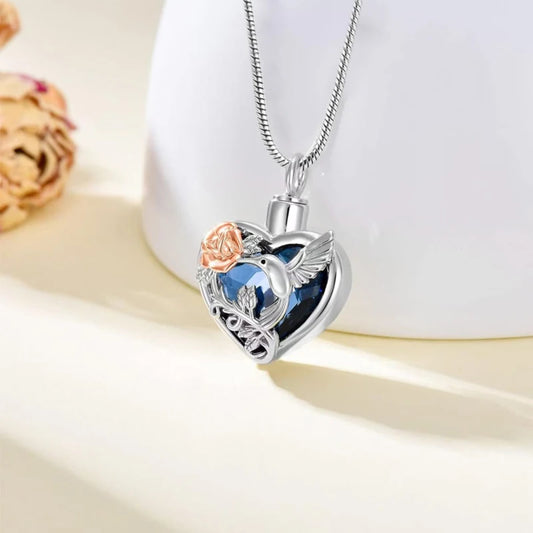 Hummingbird Heart Crystal Ashes Necklace Memorial Pendant Ashes Locket Cremation Urn Keepsake in Stainless Steel Gift For Loss Of Loved One Bereavement Sympathy Remembrance