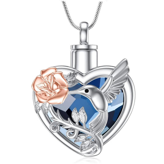 Hummingbird Heart Crystal Ashes Necklace Memorial Pendant Ashes Locket Cremation Urn Keepsake in Stainless Steel Gift For Loss Of Loved One Bereavement Sympathy Remembrance