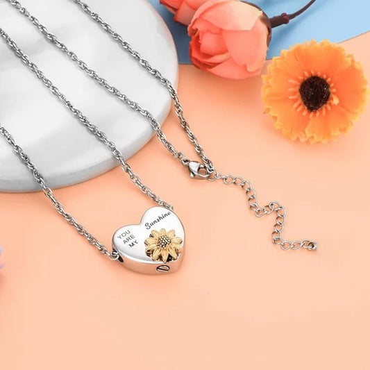 You Are My Sunshine Sunflower Heart Ashes Necklace Memorial Pendant Ashes Locket Cremation Urn Keepsake in Stainless Steel Gift For Loss Of Loved One Bereavement Sympathy Remembrance