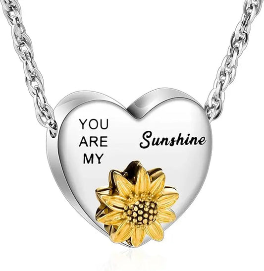 You Are My Sunshine Sunflower Heart Ashes Necklace Memorial Pendant Ashes Locket Cremation Urn Keepsake in Stainless Steel Gift For Loss Of Loved One Bereavement Sympathy Remembrance