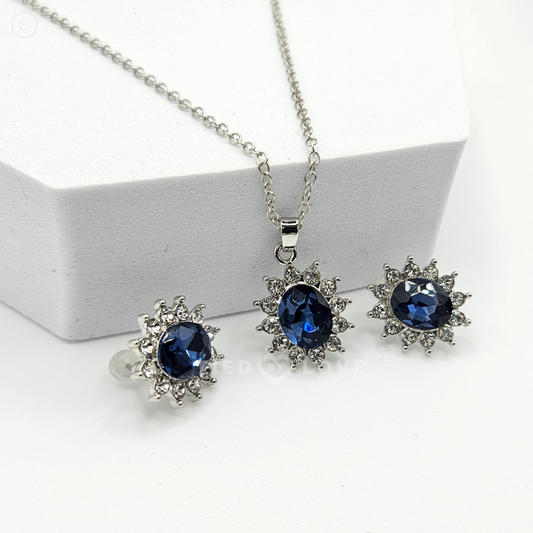 Ocean Blue Crystal Rhinestone Necklace & Earrings Inlaid Jewellery Set